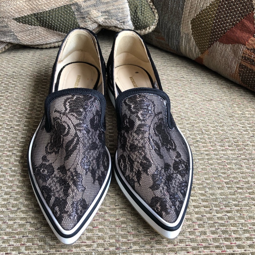 Nicholas kirkwood Italy Black pointed lace loafer flats uk 6 Eur 37.5
